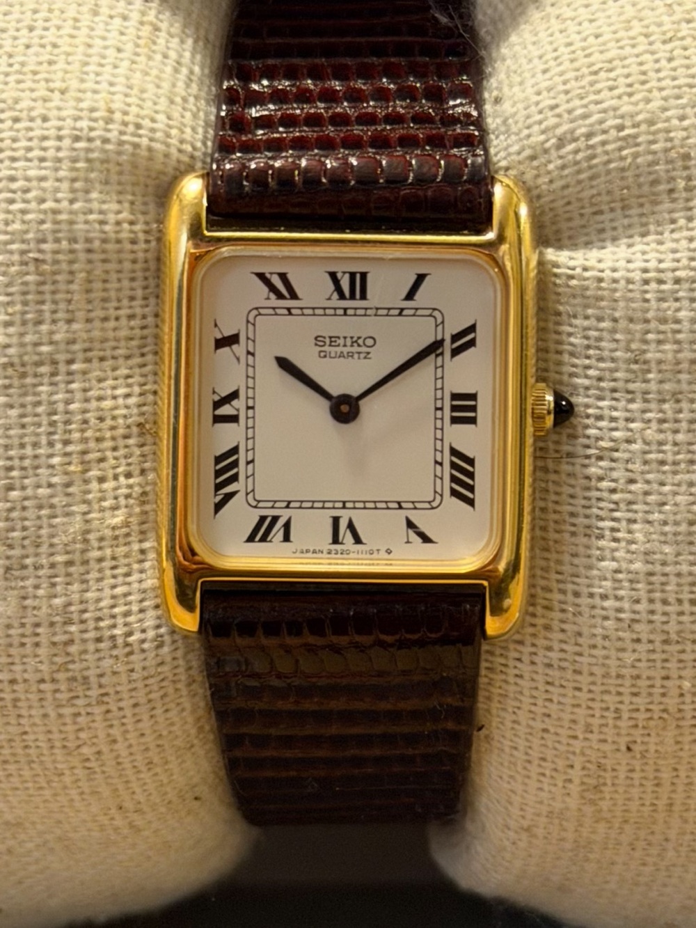 Seiko Gold Tank Rectangular Watch with White Dial and Brown Strap